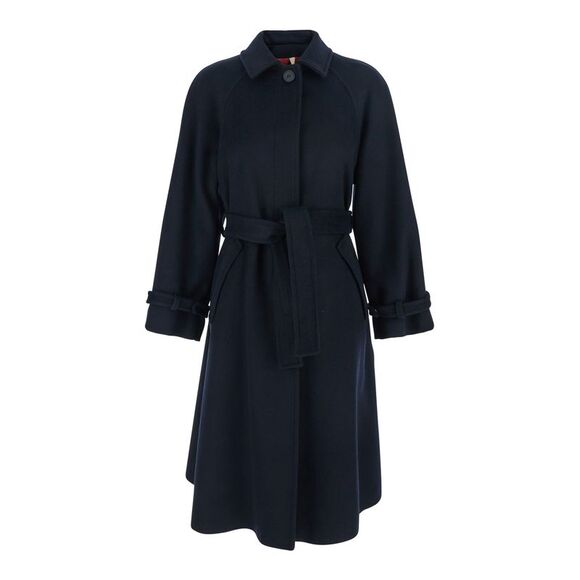 Merci Women Blue Coat With Classic Collar And Front Belt In Fabric Woman